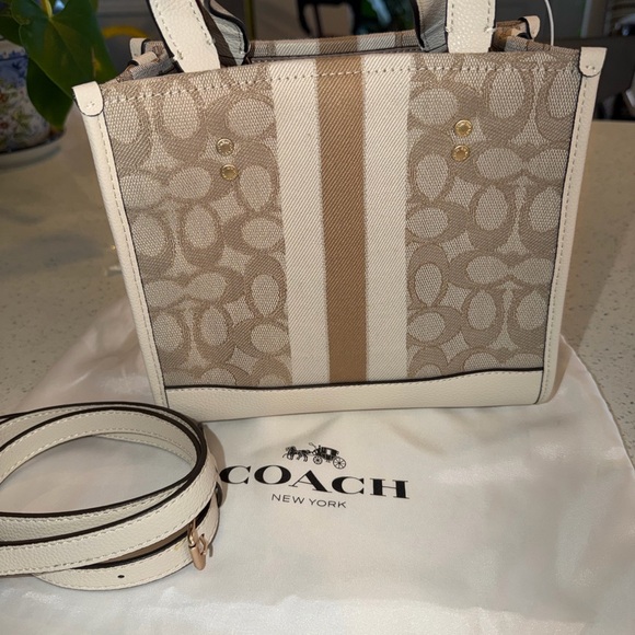 Coach small Beige Signature Jacquard Cream Leather Stripe Dempsey 22 Satchel - Picture 8 of 15